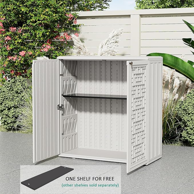 KINYING Outdoor Storage Cabinet Waterproof, Resin 60 Gallon Deck Box for Patio Furniture Cushions, Garden Tools, Pool Tools and Kids’ Toys (Off White with 1 Shelving)