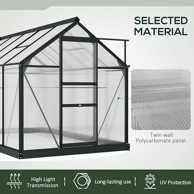 Outsunny 6' x 10' Greenhouse for Outdoors, Polycarbonate Greenhouse with Rain Gutter and Roof Vent, Aluminum Walk-in Green Houses for Outside for Patio Backyard Garden, Gray