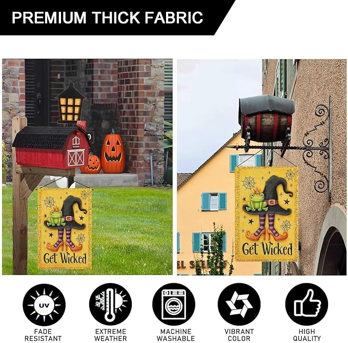 Get Wicked Garden Flag Witch Hat Holiday Garden Flag The Frog Prince Vertical Double Sided Rustic Farmland Burlap Yard Lawn Outdoor Decor 12.5x18"