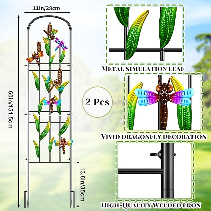 2 Pack Garden Trellis for Climbing Plants Outdoor, Metal Arched Fence Trellis Plant Climbing Support Decorative, Plant Trellis Indoor for Vines Flowers Vegetables Wall Brackets, 60" x 11"
