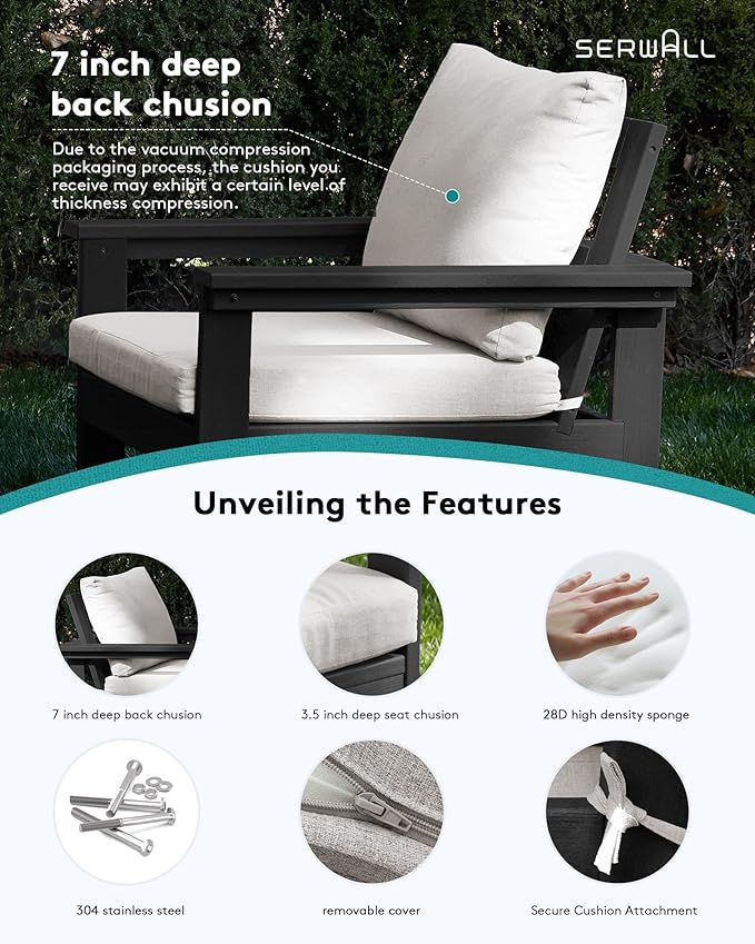 SERWALL HDPE Patio Furniture Set with 15FT Double Side Patio Umbrella, 7-Piece Outdoor Modular Sectional Sofa Set, All Weather Patio Couch Set for Deck, Black & Beige（Umbreall Base not Included）