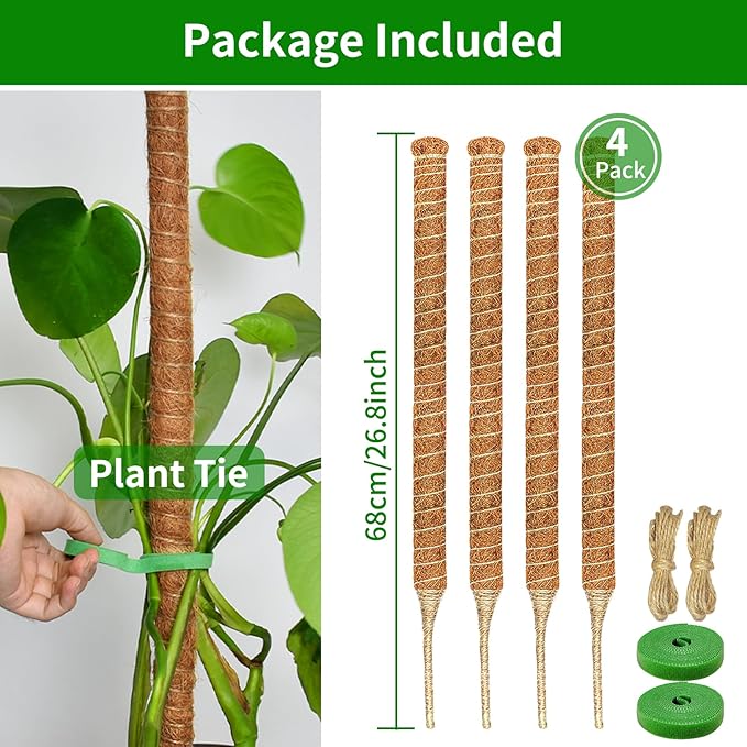 4 Pack Moss Pole, 26.8-Inch Moss Poles for Plants Monstera,Bendable Plant Support Stakes for Climbing Plants Indoor, Garden Trellis Plant Stick for Potted Plants, Pothos Philodendron