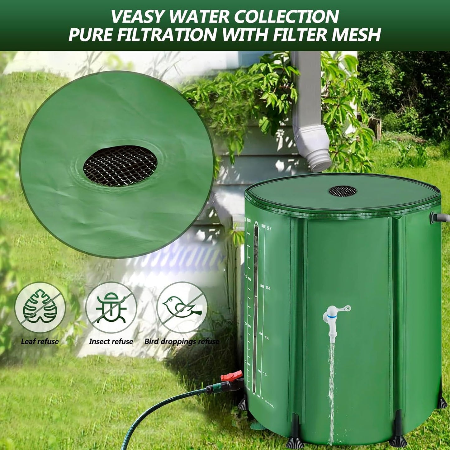 100 Gallon Collapsible Rain Barrel, 380L Water Storage Tank with Scale Mark for Garden Plant Watering, Farm Irrigation, XL Rainwater Collection System with Spigots, Overflow Kit, Hoses