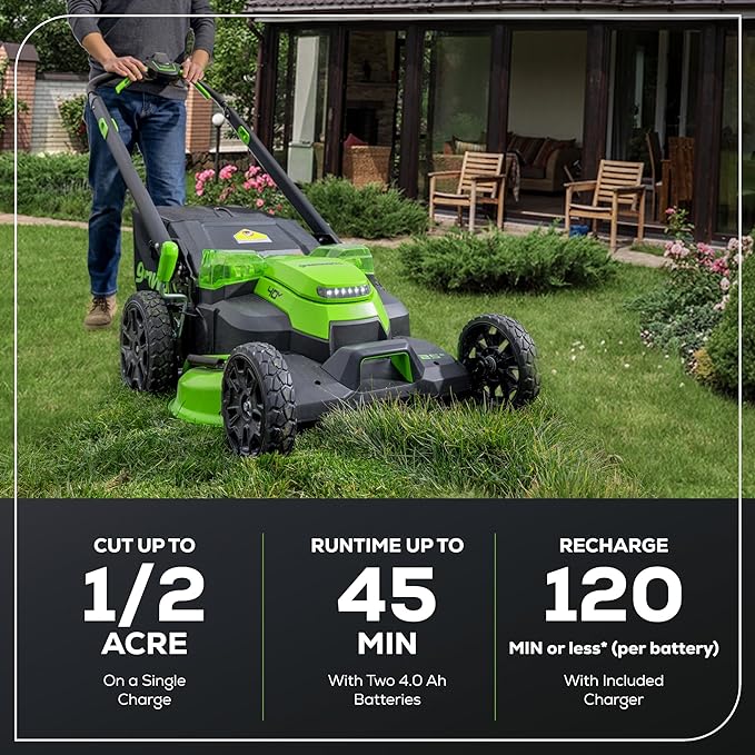 Greenworks 40V 25" Brushless Cordless (Self-Propelled) Lawn Mower (75+ Compatible Tools), (2) 4.0Ah Batteries and Dual Port Rapid Charger Included