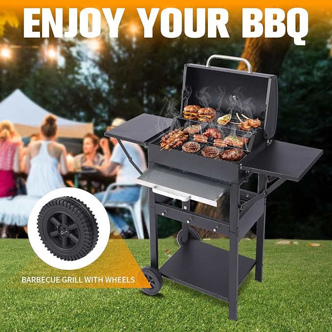 CIG GARDEN 20-Inch Charcoal Grill with 2 Foldable Side Tables,Portable Grill Charcoal with 330 Sq.In.Cooking Area,Enamel Steel Wiring Charcoal Grill with Pull-out Charcoal Trays for Outdoor Cooking