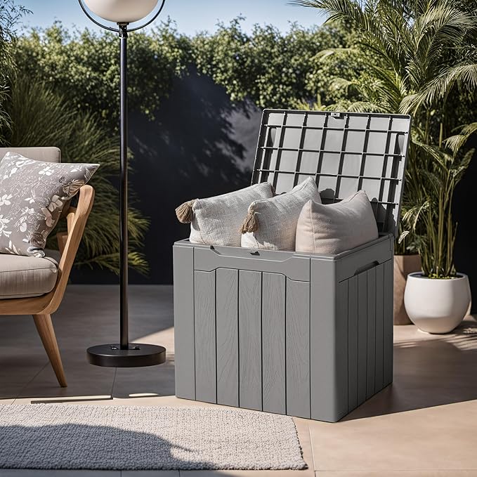 Devoko 31 Gallon Waterproof Outdoor Storage Box Resin Deck Box Lockable and UV Resistant for Patio Furniture,Garden Tools (Grey)