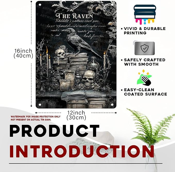 ARTWALLURE Gothic Crow Vintage Metal Sign Raven Wall Decor Skull Metal Poster Witchy Art Plaque Gothic Raven Decoration for Man Cave Funny Garage Bar Shed 12x16inch