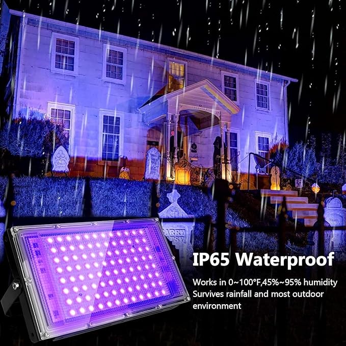 4 Pack 100W UV Black Light, Black Lights for Glow Party, IP65 Waterproof, for Blac k Light Party, Stage Lighting, Halloween, Body Paint, Fluorescent Poster, Neon Glow