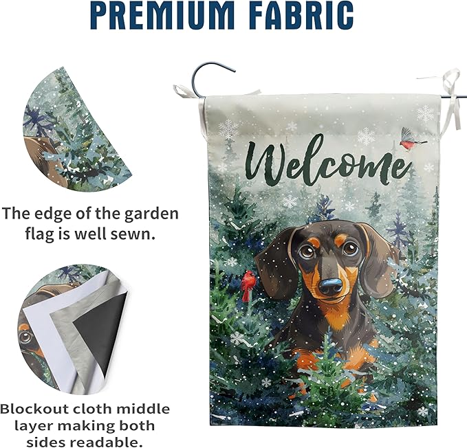 Welcome Winter Garden Flags Dachshund Garden Flag Cardinal Birds on Snowy Pine Tree Flag Dog Yard Flags for Outside 12x18 Double Sided Christmas Decorative Lawn Flags