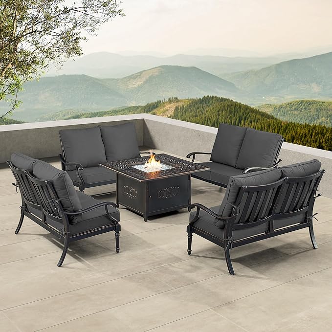 Oakland Living Black Aluminum Patio Fire Table Set with Four Deep Seating Loveseat with Cushions with Black Cushions