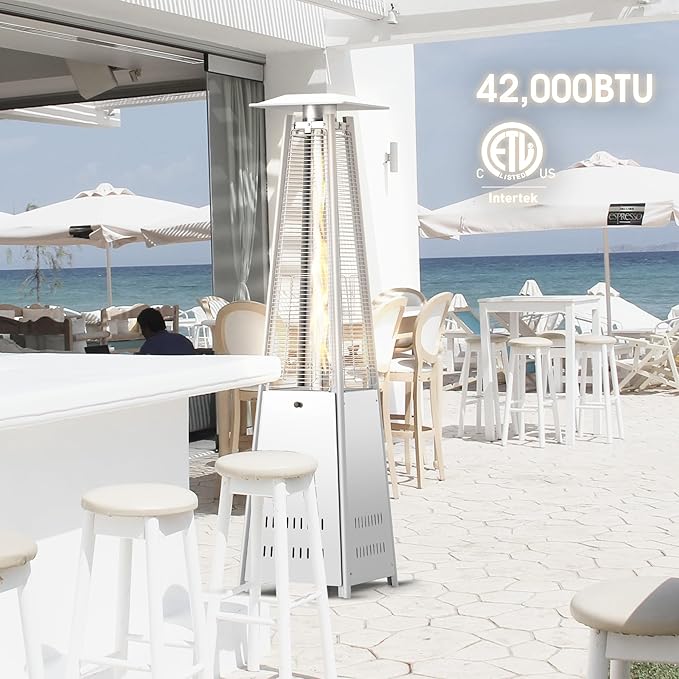 Pyramid Patio Heater 42,000 BTU, Propane Outdoor Heater with Glass Tube and Wheels, Patio Heater with Protection System, Stainless Steel, Suitable for Outdoor Commercial & Residential Use, Silver