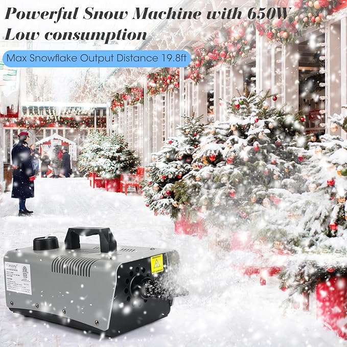 High-velocity Snow Machine, Wired Remote Portable Premium Artificial Snowflake Machines for Indoor Outdoor Christmas Party, 650W Low Consumption with Max 2000CFM Output, ETL Listed