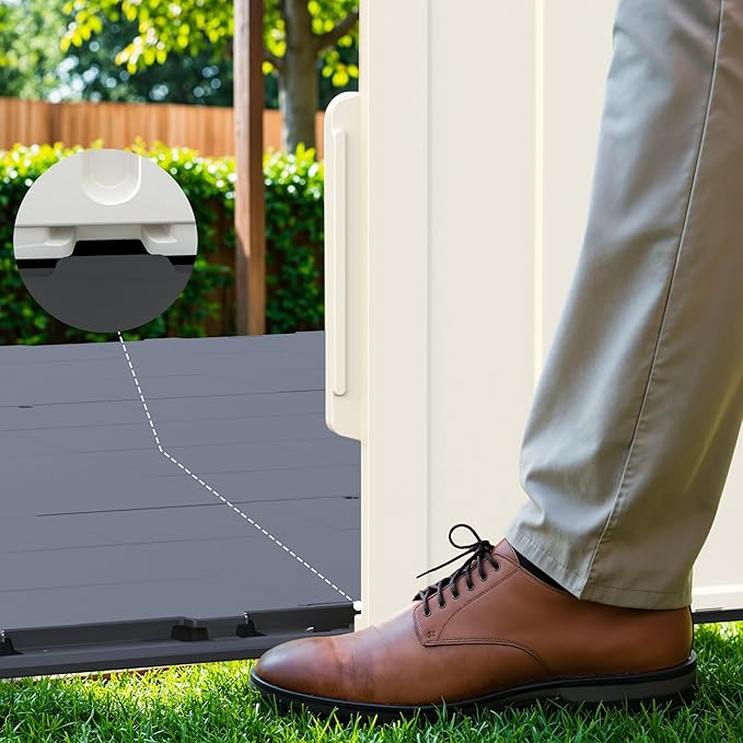 Devoko Plastic Outdoor Storage Shed with Floor, 8 x 6 FT Resin Tool Garden Shed with DIY Window and Lockable Door, Outside Kick-it Shed for Patio,Garden, Backyard, Lawn, Beige