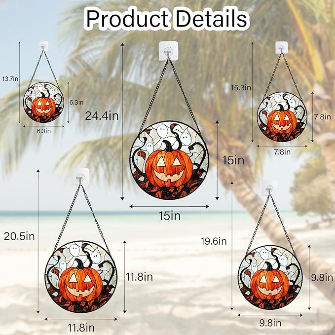 Stained Glass Window Hanging - Halloween Decorations Pumpkin Ghost Suncatcher for Doors Garden Indoor Spooky Funny Orange Sun Catchers Gothic Decor Horror Gifts for Women Men Friend 9.8 in