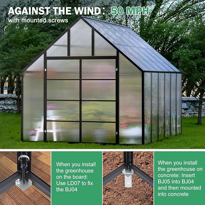 Outdoor Polycarbonate Greenhouse Kit,16x10x10 FT Large Outsides Aluminum Frame Heavy Duty Green House with Transparent Panels Windows Door for Backyard Garden,Walk in Plant Greenhouses,Black Frame