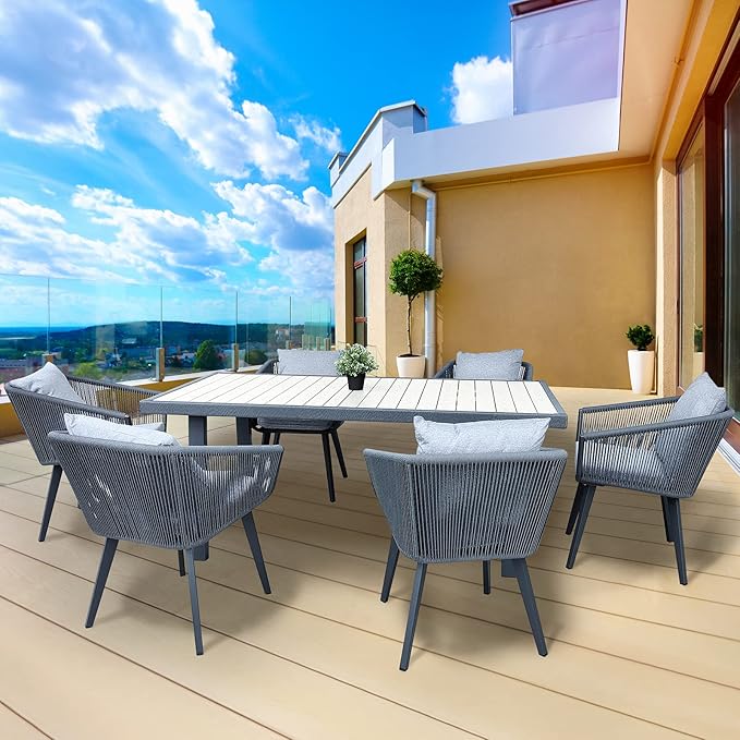 Indoor Outdoor Patio Dining Set - 7 Pieces All in One Patio Wicker Furniture Set, Table and Chairs Set with Cushions and Pillows, 6 Aluminum Frame Chairs and 1 Rectangle Table