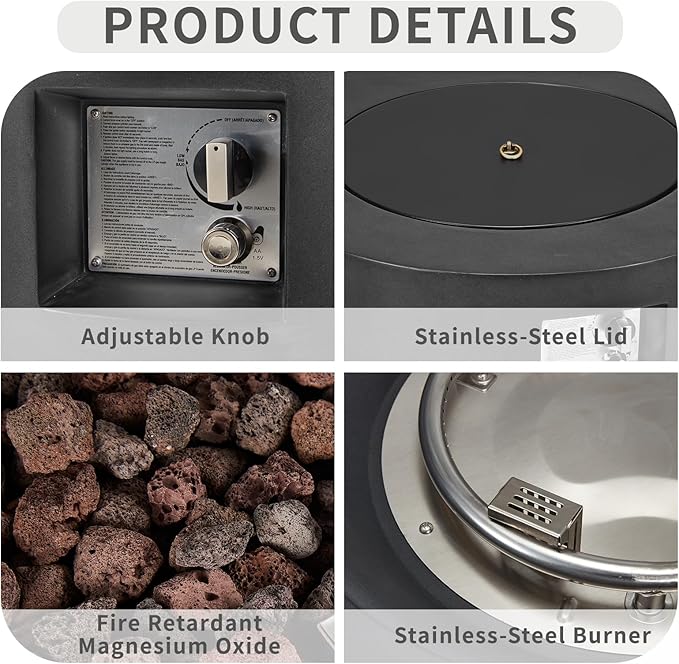 ECOTOUGE 2-Piece Gas Fire Pit, Outdoor Propane Firepit Table Set w/Tank Cover, 30''Auto-Ignition Round Steel Fire Table, 50,000 BTU Concrete fire Pit w/Weather-Resistant Pit Cover, Lava Rocks, Black