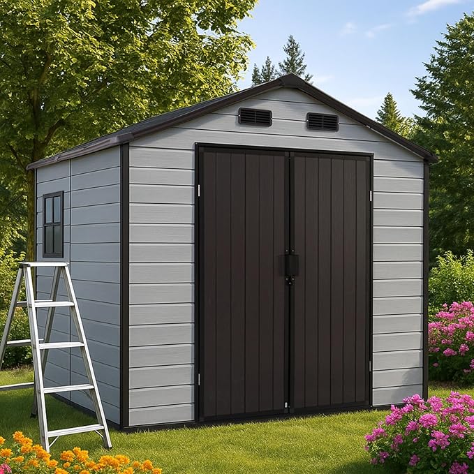 8x8 FT Resin Storage Sheds Outdoor with Floor Included, Plastic Sheds & Outdoor Storage Clearance with 2 Windows and Lockable Door, Backyard Storage Sheds for Garden Tools, Bike, Brown+White