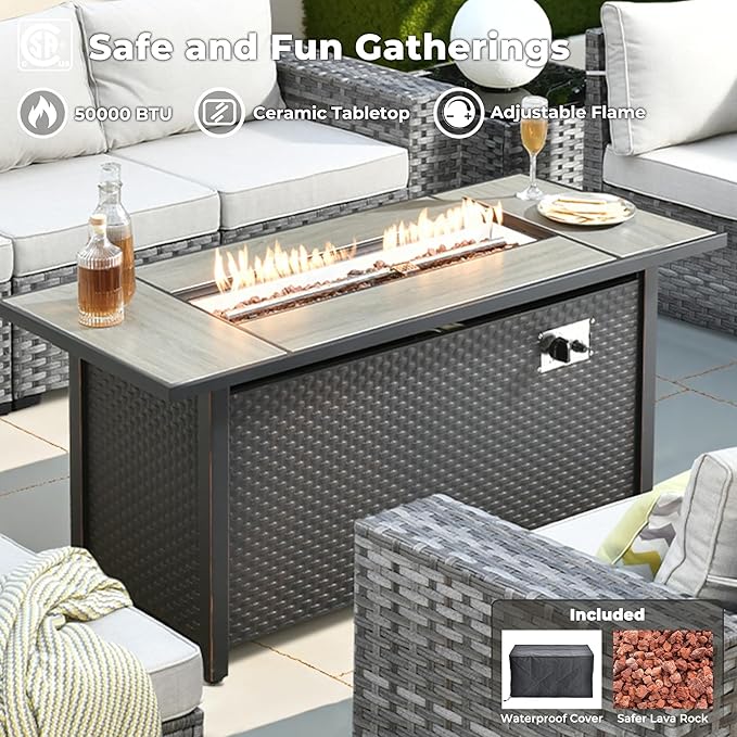 ovios 13 Pieces Patio Furniture Set, Outdoor Wicker Sectional Sofa with 54 Inch Fire Pit Table Comfy Cushions, Modern Modular Deep Seat Rattan Couch Conversation Set, Beige