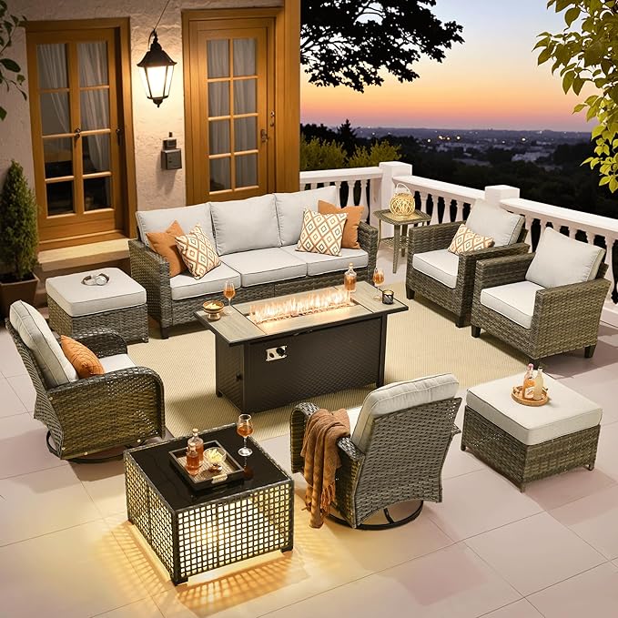 ovios 10 Pieces Patio Furniture Set, Outdoor Wicker Sofa Couch with Rocking Swivel Chairs Solar Lights Table Fire Pit, Modern Deep Seat Rattan Conversation Sets, Grey