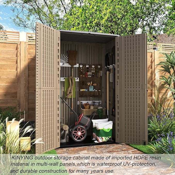 KINYING Outdoor Storage Shed Waterproof, Resin Vertical Outdoor Storage Cabinet for Patio Furniture, Garden Tools, Pool Accessories, Mower Storage (66 Cu.ft, Dark Brown)