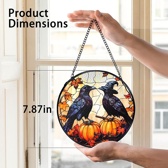 TNUW Halloween Fall Black Raven Stained Glass Window Hanging, Gothic Witchy Crow Pumpkin Sun Catchers Indoor Window Glass Round Wall Art Decor, Halloween Fall Wall Hanging Decorations, 7.9＂x7.9＂