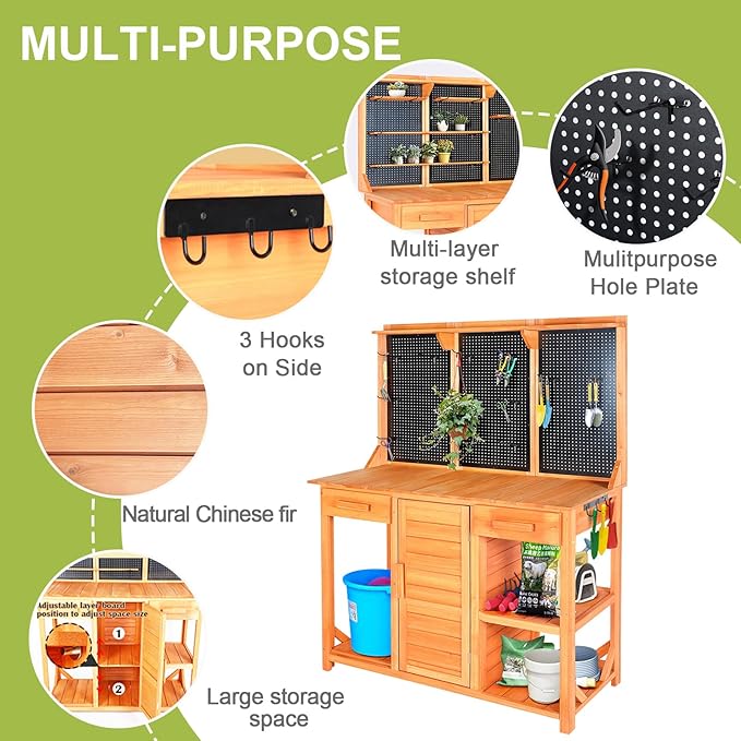 Outdoor Garden Potting Bench, Horticultural Wooden Workstation Table with Storage Drawer, Cabinet, Metal Pegboard, Adjustable Hooks and Shelves for Backyard, Patio, Greenhouse