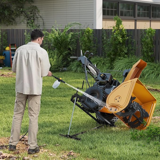 Goplus Lawn Mower Lift, 880LBS Folding Riding Mower Lift Jack with Adjustable Height, Manual Handle, Rotating Sleeve, Heavy Duty Lawn Tractor Lift, Zero Turn Mower Lift for Garden Farm, No Assembly
