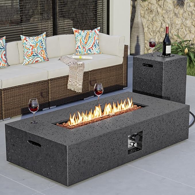 COSIEST 56" Rectangular Outdoor Propane Fire Pit Coffee Table w Concrete Rectangle Base, CSA Certified, 50,000 BTU, Free Lava Rocks and RainCover, Fits 20lb Tank Outside,Tank Cover, Gray