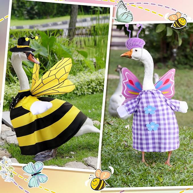 Frienda 2 Set Bee Butterfly Porch Goose Outfit Clothes for 23" High Cement or Plastic Goose, Bee Butterfly Yard Cement Geese Duck Clothes Costume for Fall Halloween Outdoor Garden Yard Patio Decor
