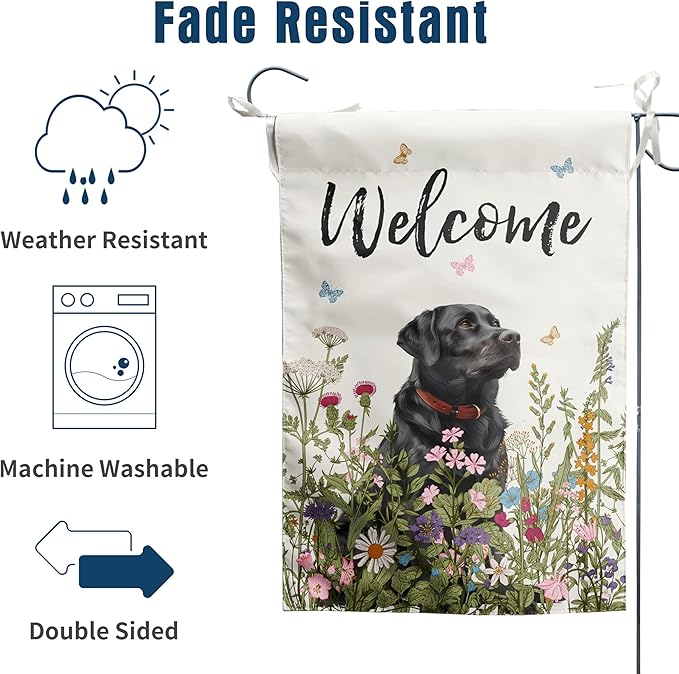 Spring Summer Garden Flag Floral Black Lab Yard Flag Flower Labrador Dog Garden Flags for Outside Small Outdoor Welcome Flags 12x18 Double Sided