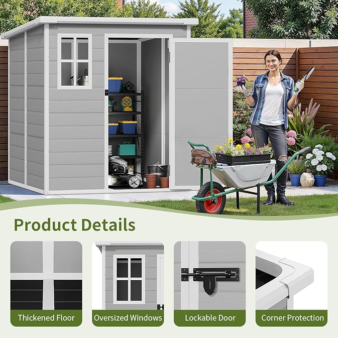 6x6 FT Grey Resin Garden Storage Shed - Waterproof Outdoor Storage with Floor, Lockable Door, Window & Vents - All-Weather PP Plastic Shed for Backyard, Patio, Bikes, Tools & Seasonal Gear