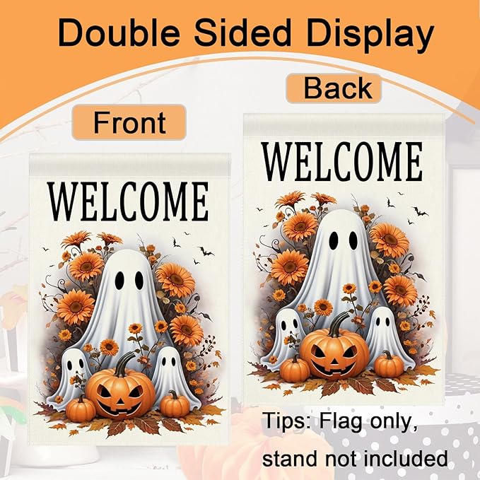 Welcome Halloween Ghost Garden Flag 12x18 Double Sided Outside Pumpkin Fall Holiday Yard Outdoor Decorative Flag