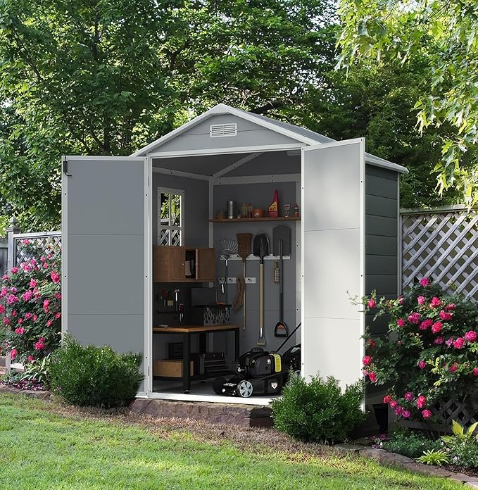 Devoko 6x4FT Outdoor Storage Shed with Lockable Door, Waterproof Plastic Resin Garden Shed Tool with Floor for Backyard, Patio, Lawn, Pool Supplies (Grey)