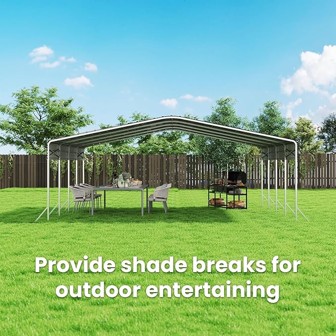 Heavy Duty Metal Carport – Sturdy Structure, All-Weather Protection, Easy Assembly for Cars, Trucks, Boats, Tractors, and Outdoor Storage (White, 20X20 FT)