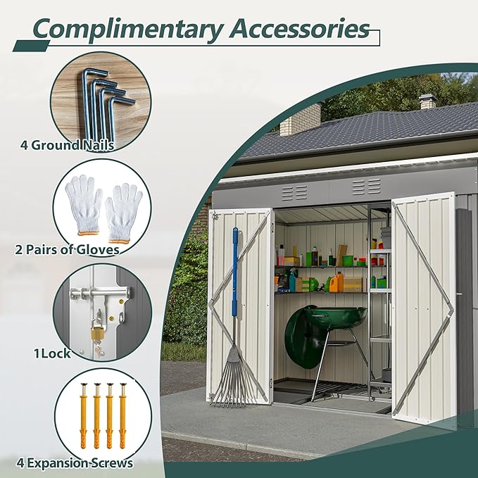 4x8 FT Lean to Outdoor Storage Shed with Floor,Metal Shed W/Lockable Door,All Weather Waterproof Garden Tool House W/ 2 Air Vents,for Backyard,Patio,Lawn,Garden,Gray