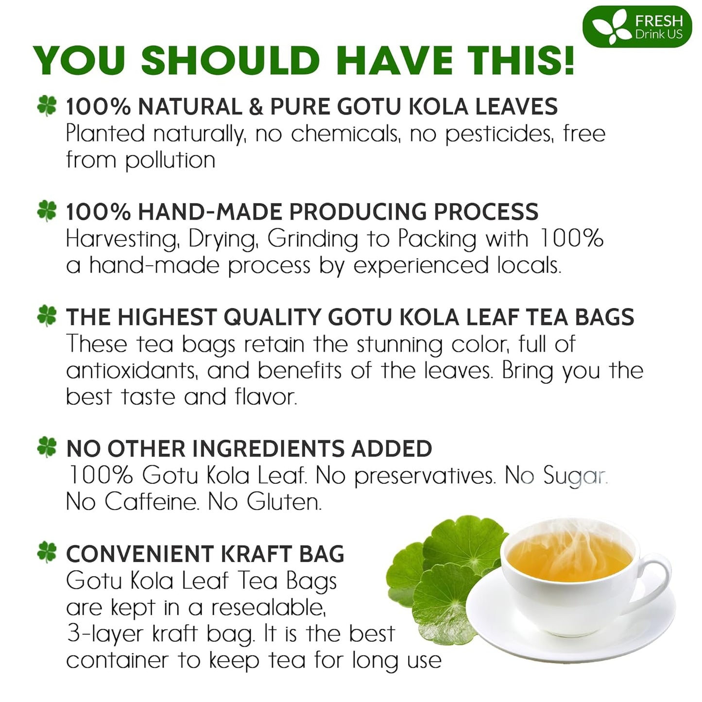 FreshDrinkUS, Premium Gotu Kola Leaf Tea – 75 Tea Bags | Pure Dried Centella Asiatica Leaves | Naturally Caffeine-Free Herbal Tea | Refreshing Aroma & Smooth Taste | Premium Herbal Infusion. Vegan