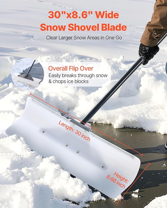 VEVOR Snow Pusher, 30 inch Wide Push Snow Shovel Plow for Driveway, Sidewalks and Doorways with Segmented Handle, Ergonomic Grip and HDPE Plastic Blade