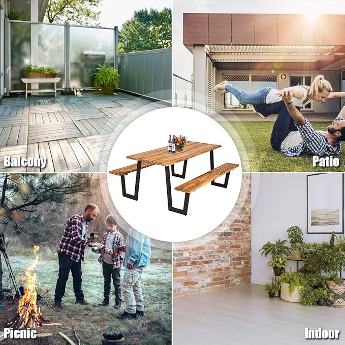 Giantex Picnic Table Bench Set with Umbrella Hole, Outdoor Dining Table Set, 70'' Acacia Wood Picnic Beer Table with Metal Frame Patented