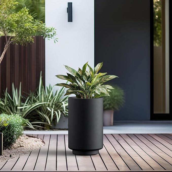 Kante 15.7 Inch Tall Concrete Planter, Round Pedestal Design Garden Pot for Indoor Outdoor Plants, Modern Garden Pot with Drainage Hole, Black Finish with Warm Brown Interior