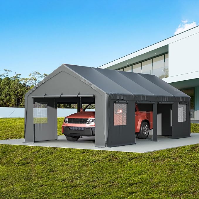 Carport 13'x25'x10' Heavy Duty with Roll-up Sidewall and Ventilated Windows, Portable Outdoor Garage for Car, SUV, Boat, Gray