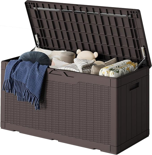 Greesum 100 Gallon Resin Deck Box Lockable Large Outdoor Storage Boxes for Garden Tools, Patio Furniture Cushions, Pool Supplies, Dark Brown