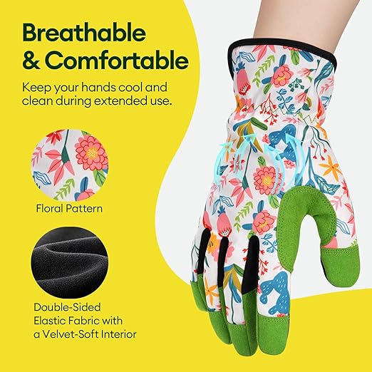 Gardening Gloves for Women, Breathable Leather Work Gloves, Thorn-Proof Gardening Gifts, Touchscreen Compatible, Protective Work for Digging, Planting, Pruning, Medium Size, Green & White