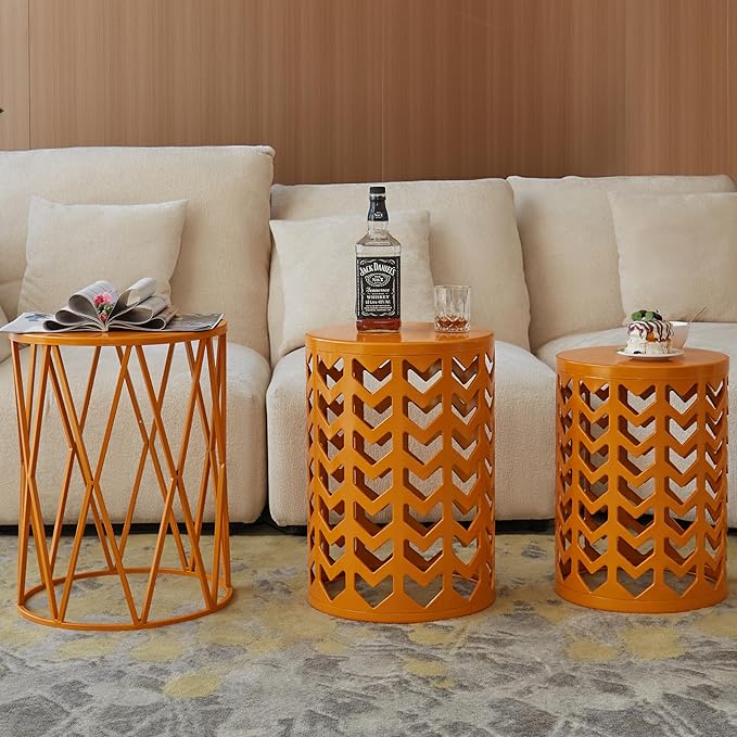 Y&M Set of 3 Metal Round Table, Coffee Table End Table for Indoor Outdoor Multifunctional Use, Heavy Duty Metal Plant Stand Decorative Garden Stool- Orange