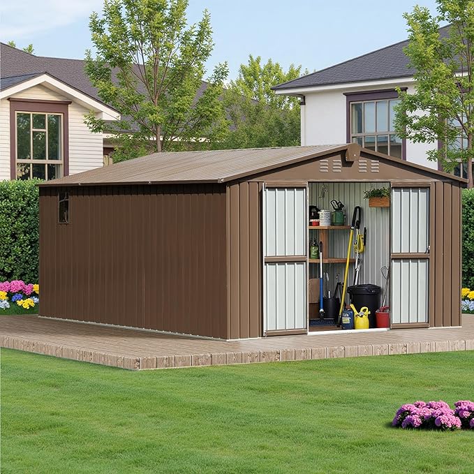 10x12 Ft Large Outdoor Storage Shed, Brown Metal Garden Outdoor Storage Workshop Shed with Lockable Doors, Windows, Air Vents, Waterproof for Backyard, Mower Storage, Backyard, Lawn, Patio