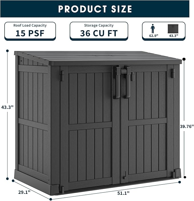 Outdoor Storage Shed 36 Cu. Ft. Resin Garden Horizontal Storage Large Capacity Weather Resistant Storage Box, Lockable Resin Waterproof Shed for Garbage Cans, Garden Tools