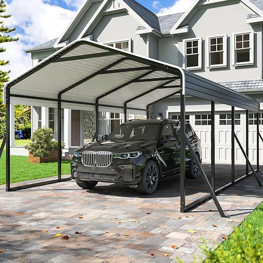 Carport 12x20 FT Heavy Duty Carports Canopy with Updated Frame Structure Galvanized Steel Roof and Enhanced Base, Metal Carport Garage for Pickup, Boat, Car and Tractors