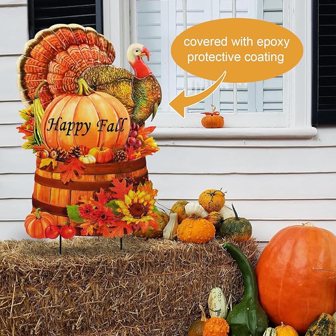 Thanksgiving Turkey Decor,Metal Turkey Stake for Harvest with Pumpkin Sign Outdoor Decoration,Autumn Fall Yard Stakes for Outside