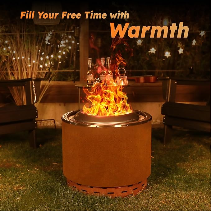 KOL 20" Dia Smokeless Fire Pit Outdoor with Pre-Rusted Finish, 16 Gauge Corten Steel & 201 Stainless Steel Wood Burning Firepit, Backyard Patio Rotary Flame Stove with Removable Ash Pan