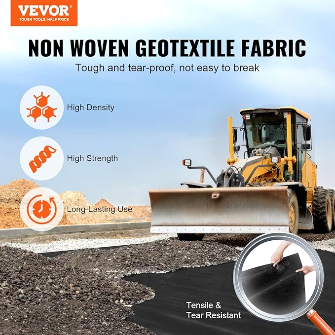 VEVOR Geotextile Landscape, 4ft x 100ft 8 oz Non-Woven PP Drainage 350N Tensile Strength & 440 N Load Capacity, for Ground Cover, Garden Fabric, French Drains, Black
